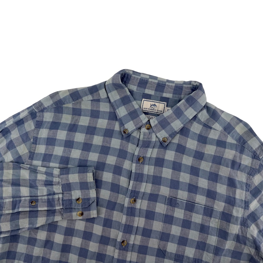Southern Tide Mens XL Trim Fit Linen Cotton Buffalo Check Button Down Shirt Blue